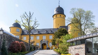 Schönes gelbes Schloss mit Bäumen und gepflastertem Weg