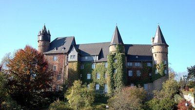 Schloss mit Türmen, umgeben von Bäumen und blauen Himmel.