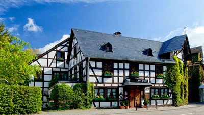 Fachwerkhaus mit grünem Pflanzenbewuchs und klarem Himmel