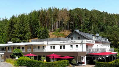 Ansicht der Thalhauser Mühle umgeben von Wäldern und Outdoor-Bereich