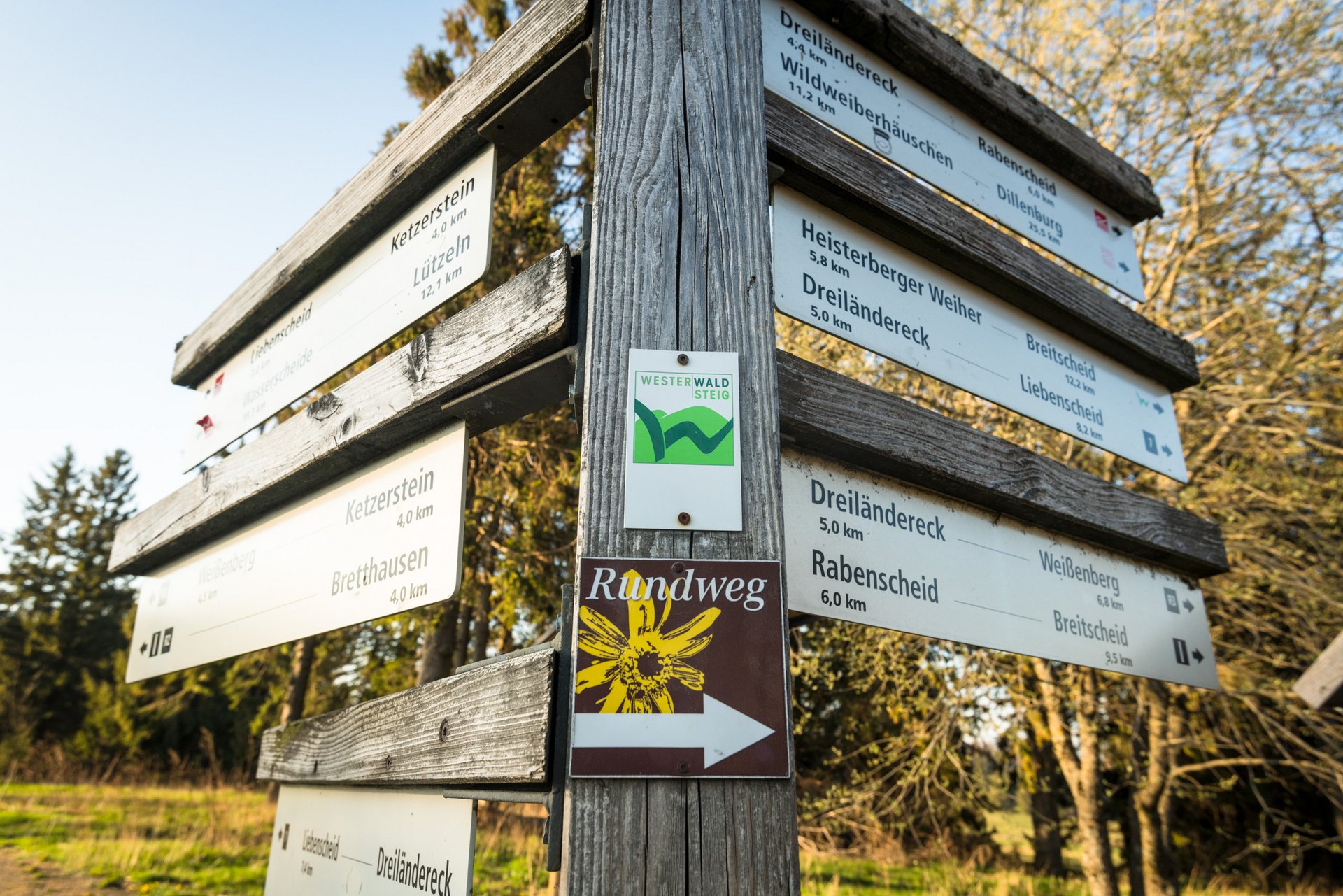 Wegweiser mit Optionen für Wanderwege und Ziele in der Umgebung