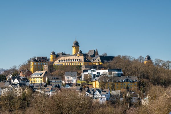 Eine Burg thront über einer Stadt mit gewöhnlicher Architektur im Vordergrund.
