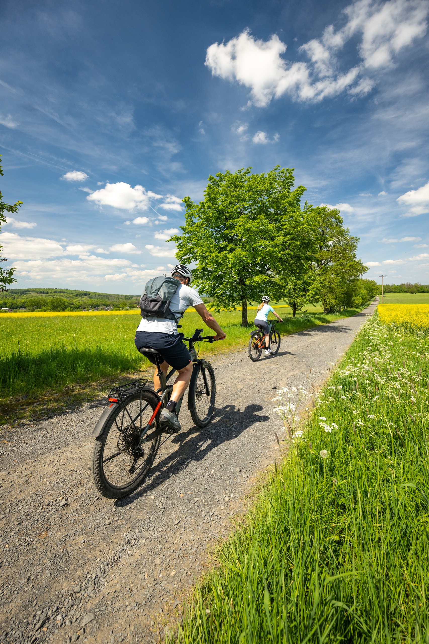 Zwei Fahrradfahrer auf einem Weg umgeben von grüner Landschaft