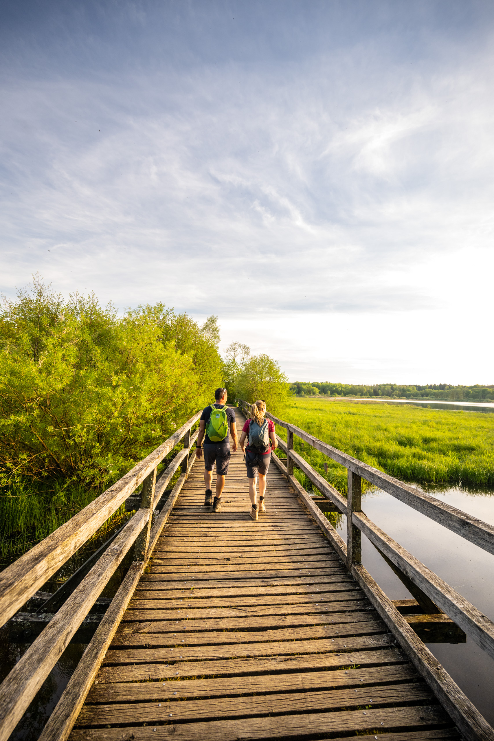 Wanderer gehen über eine Brücke umgeben von Natur und Wasser