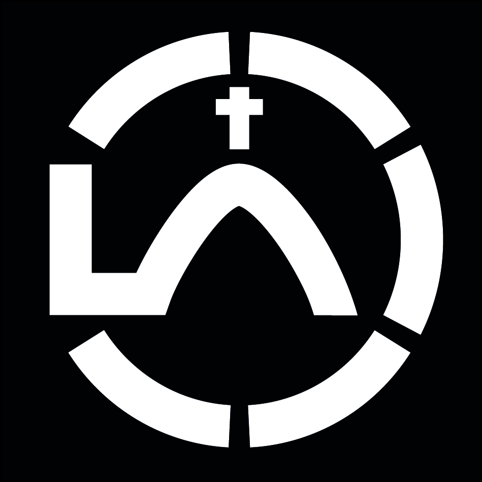Schwarz-weißes Logo mit geometrischen Formen und Kreuz