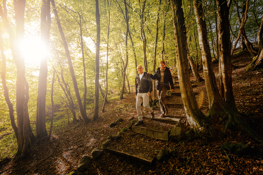 Zwei Personen spazieren auf einem Waldweg mit Sonnenlicht durch die Bäume