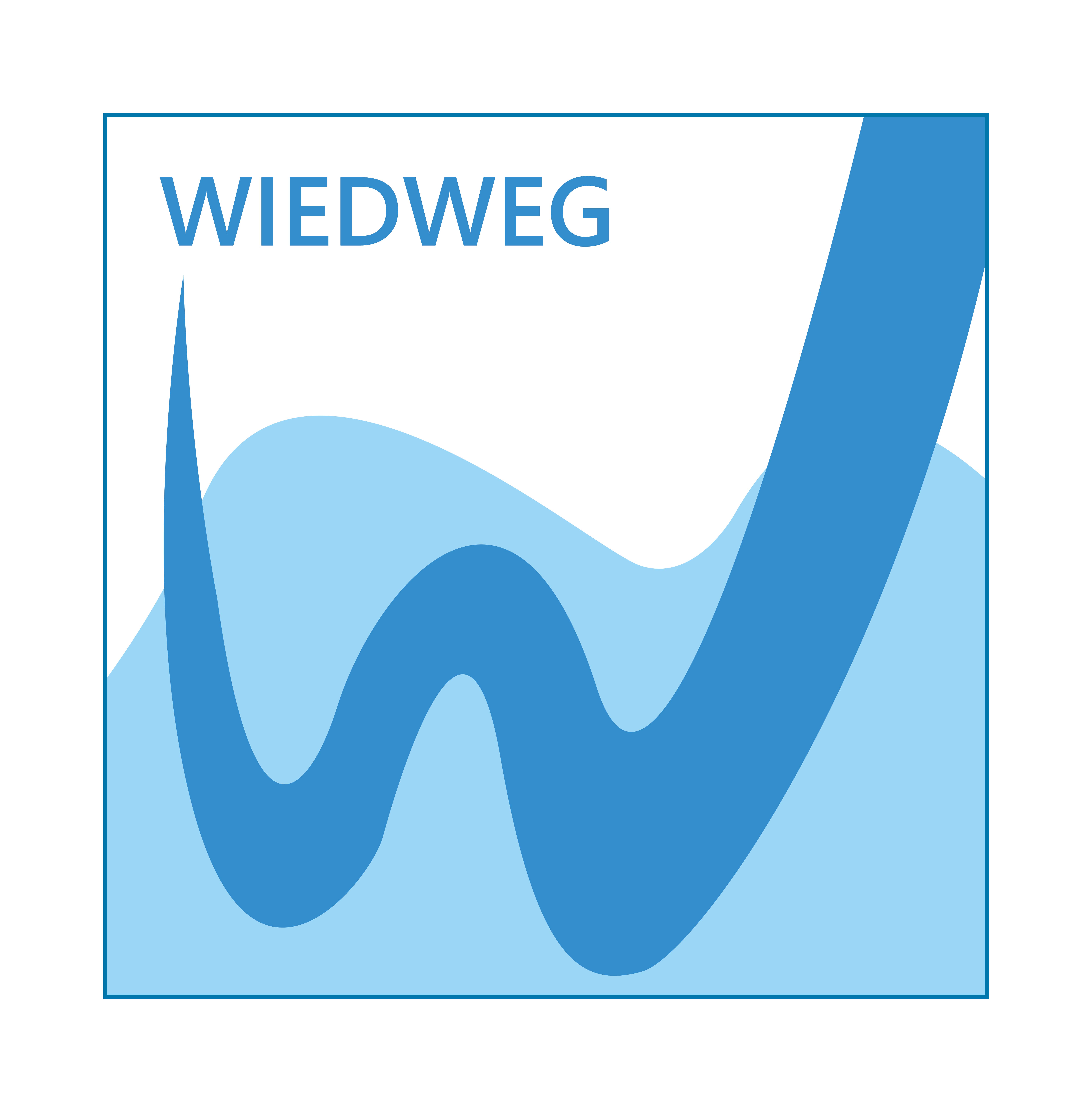 Blaues Logo mit geschwungenem WIEDWEG Schriftzug und Wellenmotiv